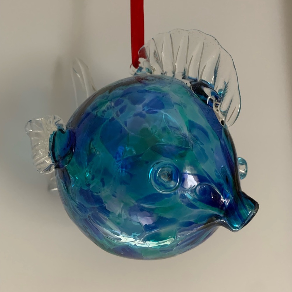 Hand Blown Glass Hanging Blow/Puffer Fish Blue Artisan Ornament